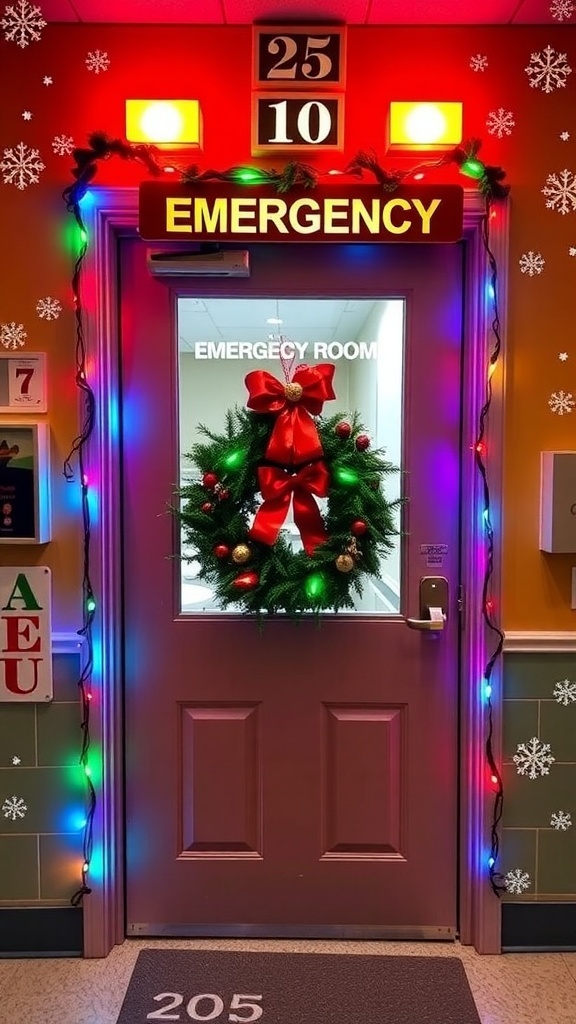 Emergency room door decorated with Christmas lights and a wreath.